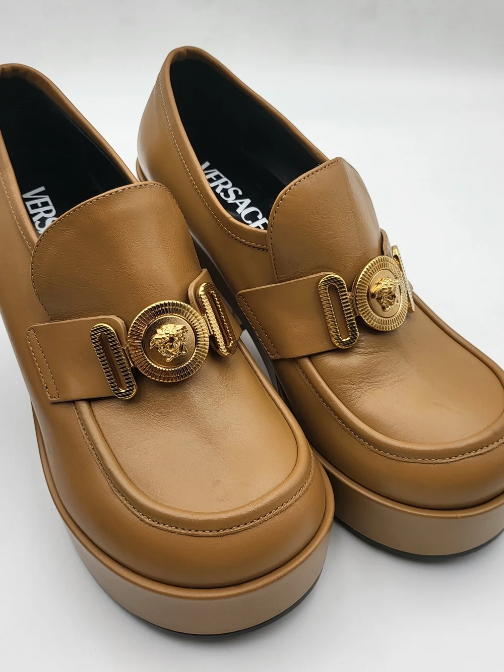 Versace Medusa Biggie Platform Loafers Brown Leather Eu37 Auth w/COA.